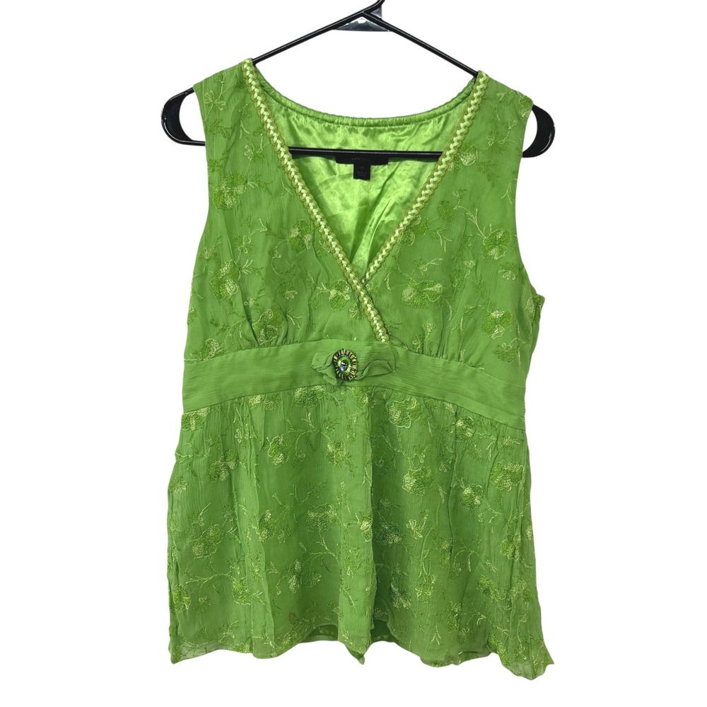 Vintage Express Green Silk Babydoll Top‎ M Embroidered Beaded Peplum Fairy Y2K